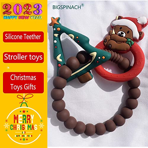 BIGSPINACH Baba Első Karácsony Teether karácsonyfa, Karácsonyi Medve Csörgő Rágóka Gyűrű, Szilikon Fogzás Játékok Gyerekeknek