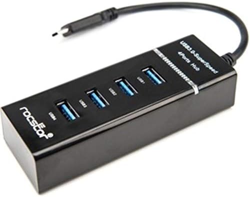 Rocstor Prémium Vékony, Hordozható, 4 Port Hub - USB-C-4x USB-EGY Vékony Elosztó - USB 3.0 Hub - Bus Powered - Fekete