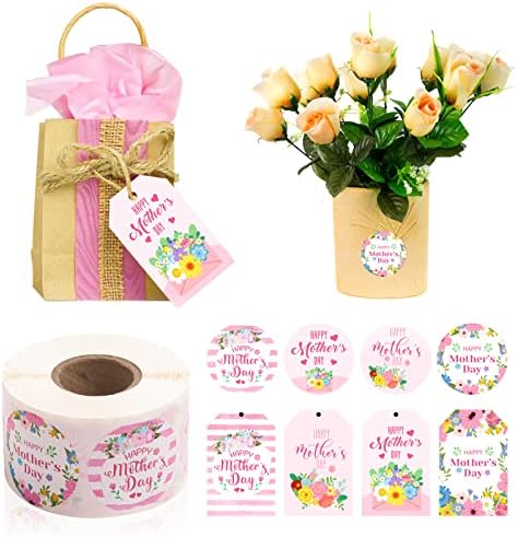 600PCS Boldog anyák Napi Ajándék Címkék, Matricák, 4 Stílusok Virág Lóg Címkéket String 500PCS 1.5 Öntapadó Címkék anyák