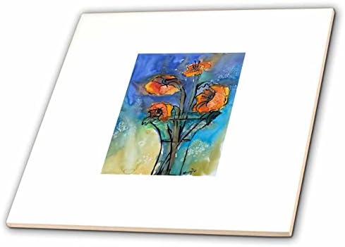 3dRose Kép Narancssárga Virágot a Vázába Kék Háttér Akvarell, Tinta - Csempe (ct-372055-6)