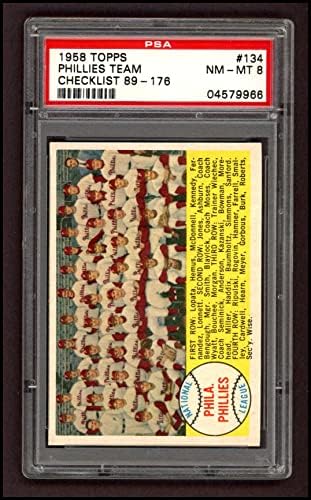 1958 Topps 134 Phillies Csapat Lista Philadelphia Phillies (Baseball Kártya) PSA a PSA 8.00 Phillies