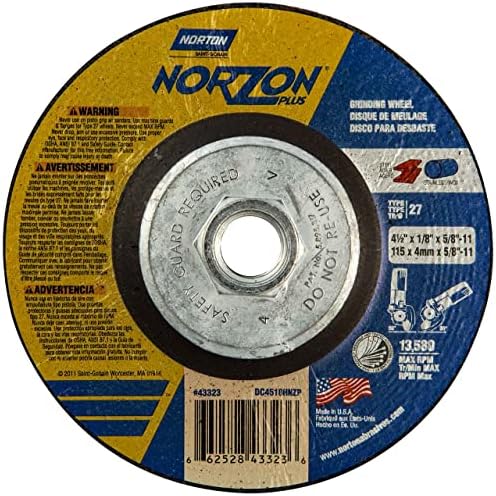 Norton 66252843323 4-1/2x1/8x5/8-11-Ben. NorZon Plusz SGZ CA/ZA Csiszolás, Vágás Kerekek, Típus 27, 24 Finomság, 10