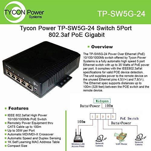 Tycon Rendszerek TP-SW5G-24 5 Port nagyteljesítményű POE Switch - 10-36V DC Bemenet