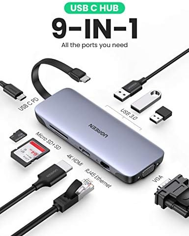 UGREEN USB-C Hub 9 az 1-ben USB C Típusú HDMI Többportos Dock Adapter a 4K HDMI VGA Gigabit Ethernet PD Töltés 3 USB