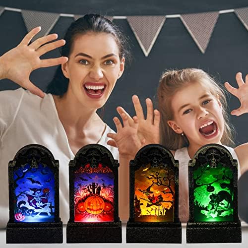 DERAYEE Halloween Sírkő Fények, 1 db LED Temető Sírkő, Koponya Temető Lámpa Fekete Macska Dekoráció Halloween Méterre