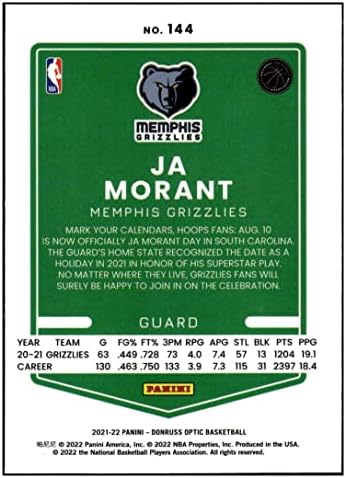 JA MORANT 2021-22 Donruss Optikai 144 NM+-MT+ NBA Kosárlabda Grizzlies